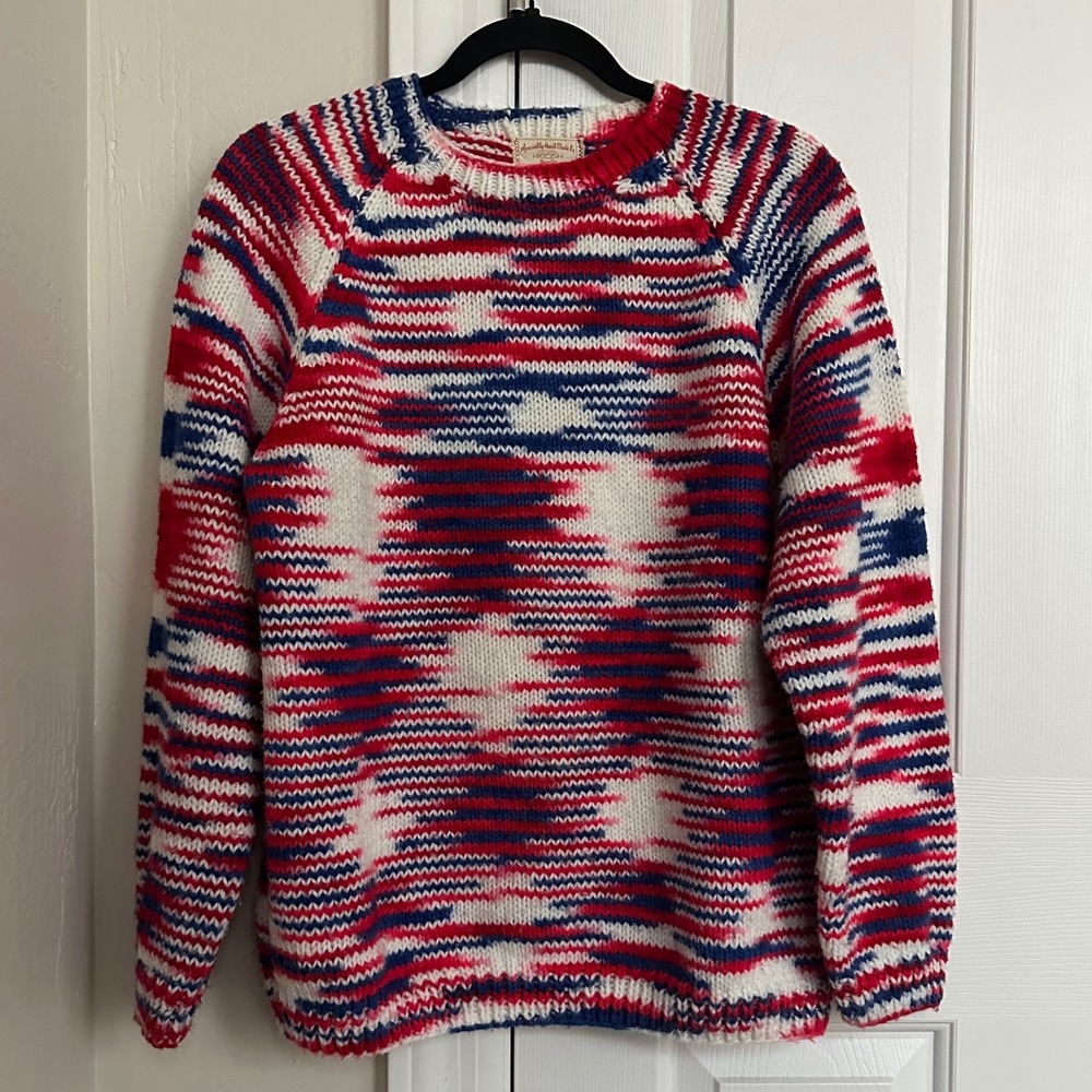 Vintage 70s/80s Handmade Space Dye Knit Sweater Red White Blue‎ Varicose |Boho